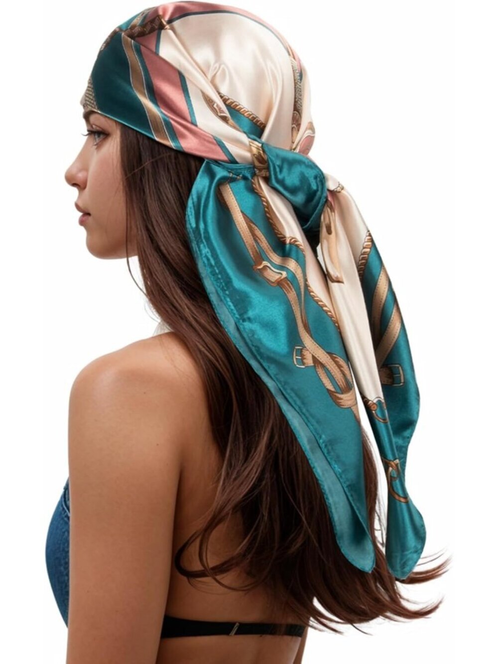 Women's Turquoise Printed Square Scarf Bandanas Hair Scarf 35 Inches